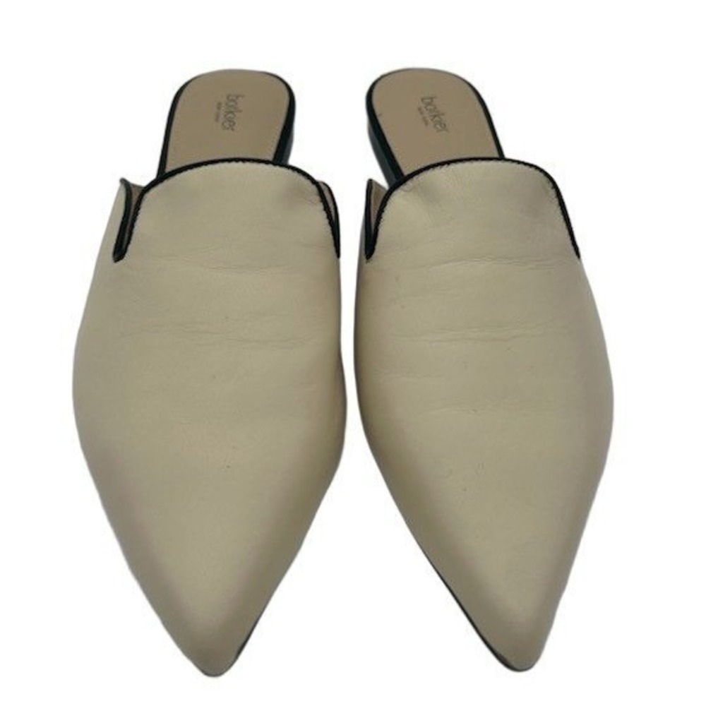 Botkier Pointed Toe Mules Womens 8 Cream Leather Black Trim Flat Slip On Shoes